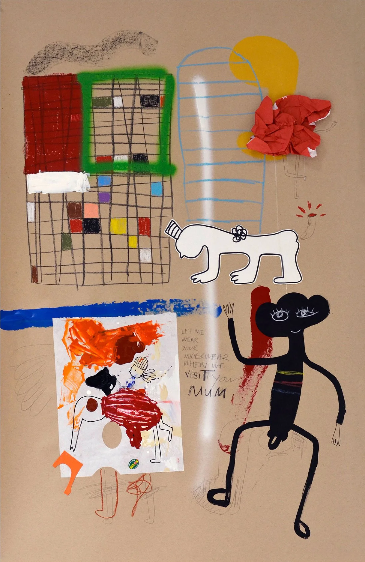 Let me wear your underwear when we visit your mum, 2018, mixed media and collage on paper — 100 x 70cm. 