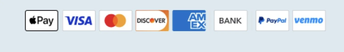 Multiple payment method logos including Apple Pay, VISA, Mastercard, Discover, American Express, Bank, PayPal, and Venmo.