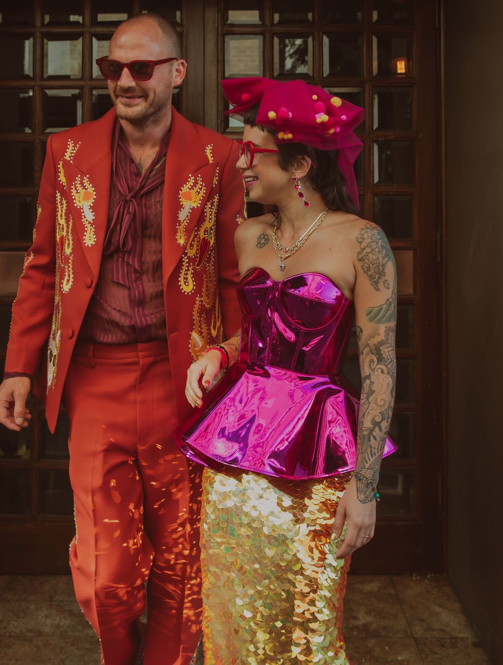 Pam in Rosa Bloom and Jeremy in his Reigner suit for their Melbourne wedding.
