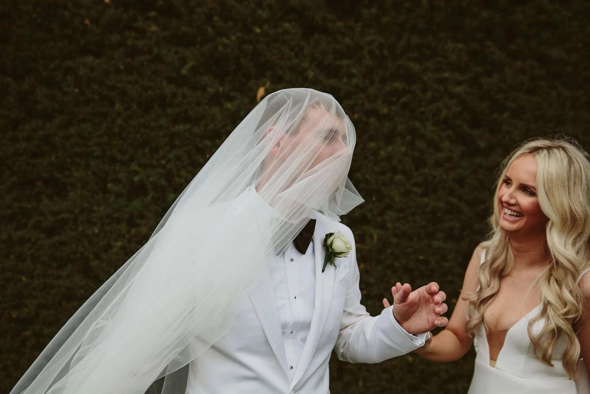 Bride and groom having some fun at Coombe Yarra Valley