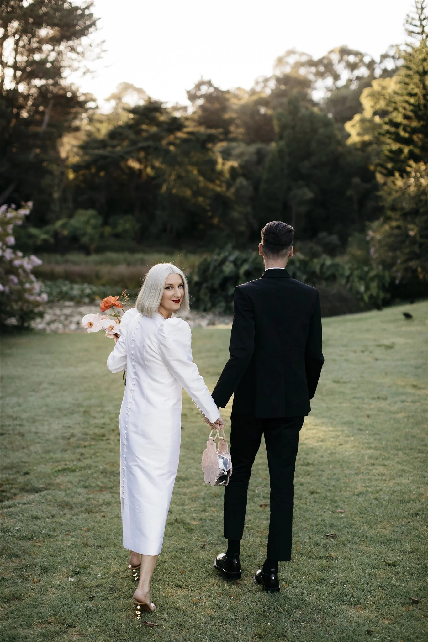 Bride and groom at sunrise wedding, Royal Botanic Gardens Melbourne