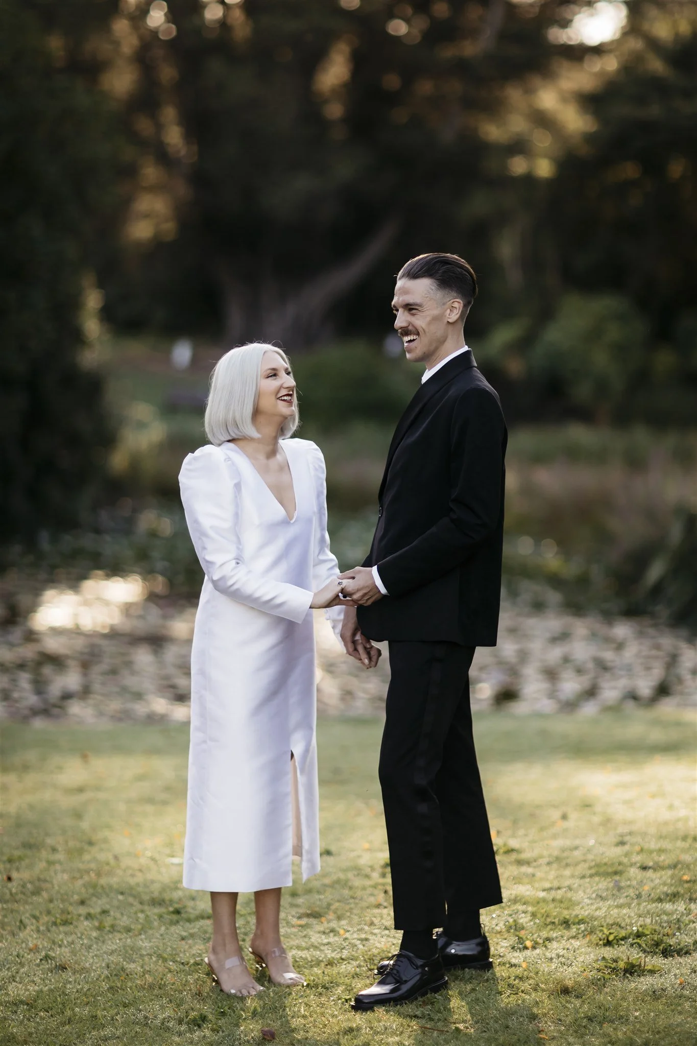 Wedding portrait with morning light through trees, Royal Botanic Gardens Melbourne