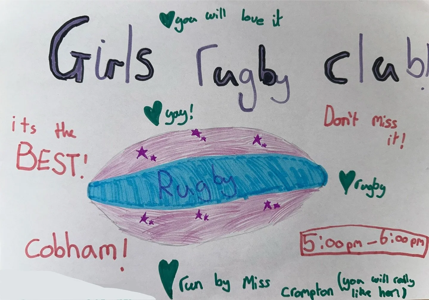 An awesome poster made by one of the girls from Feltonfleet School ✨

You heard it here first - &ldquo;You will love it!&rdquo;

Friday evening sessions 5-6pm @ Cobham RFC starting November 7th 🗓️

To join the Friday evening sessions click the link 