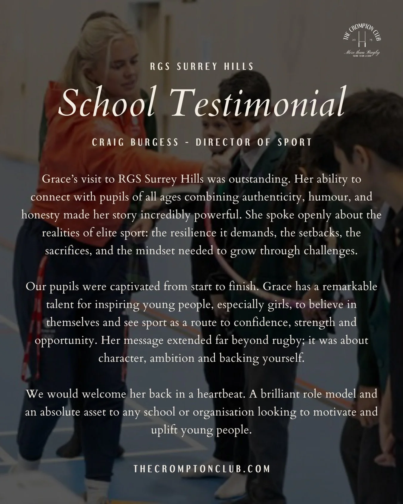 A testimonial from RGS Surrey Hills ❤️ 

Inspiring young people, especially girls, is more important than ever. 43% of girls disengage from sport following primary school. 

Want Grace to come in and try to change that? 

DM us⚡️