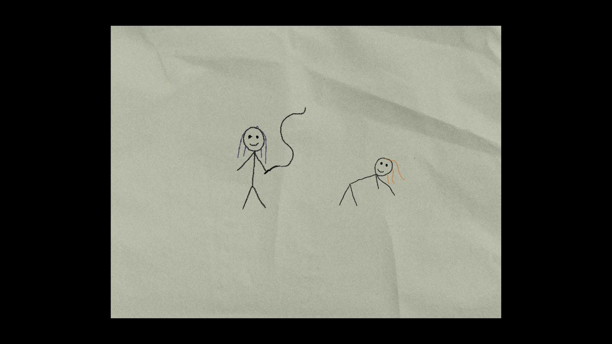 Disegno di due persone con sorrisi, una con capelli viola che tiene una corda e l'altra con capelli arancioni inginocchiata.