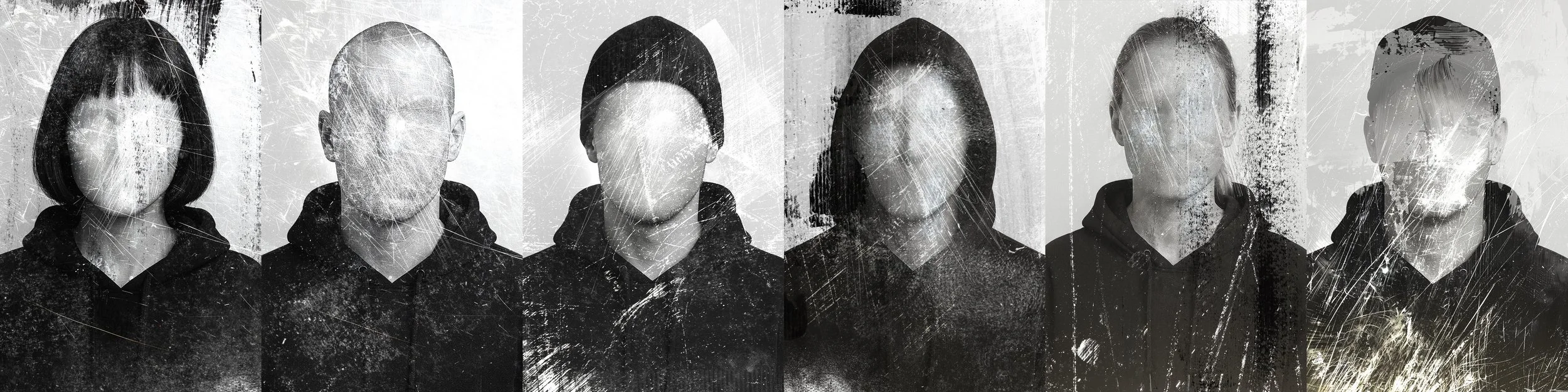 Gruppo di sei persone con volti senza dettagli riconoscibili, stile artistico oscuro e distorto.
