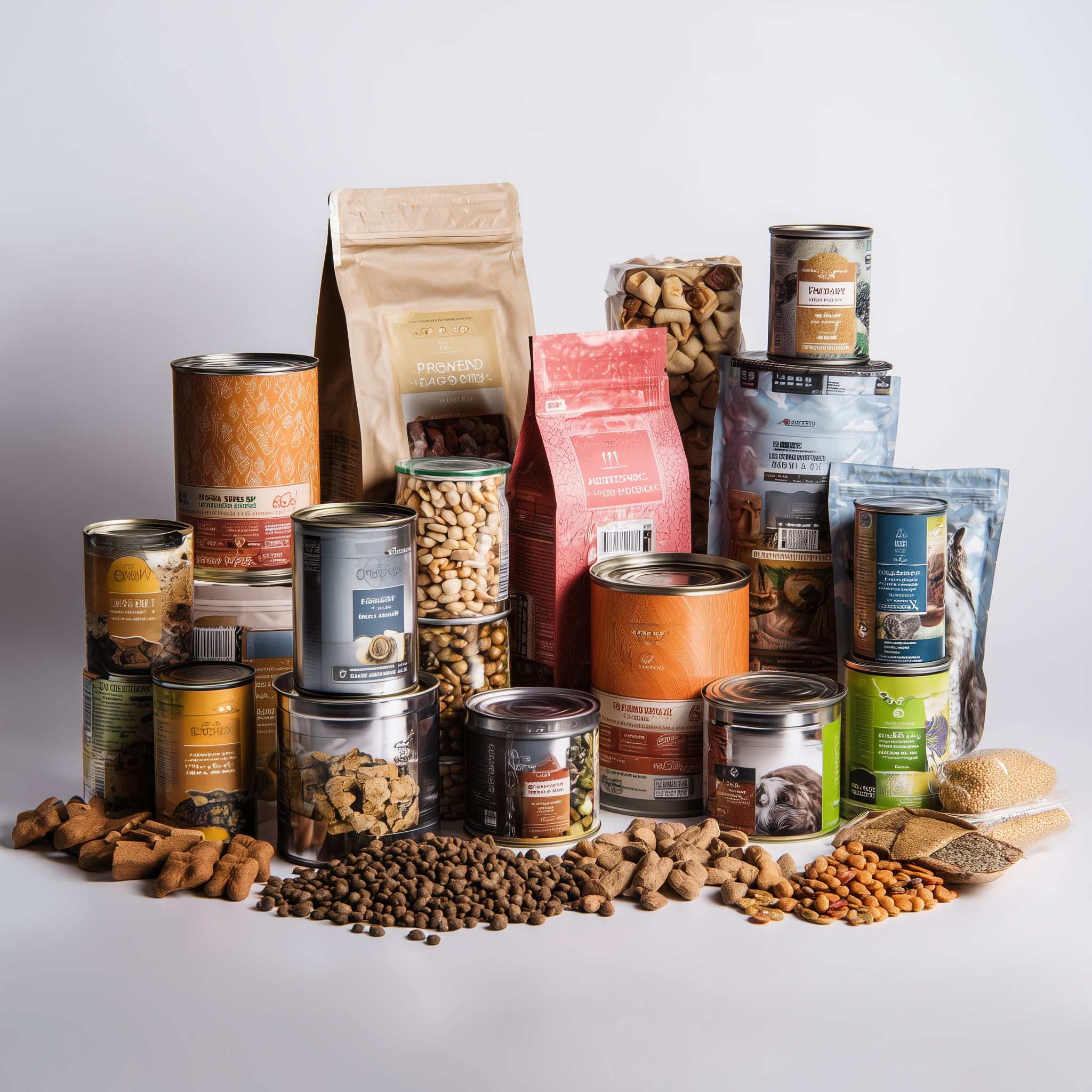 An assortment of canned dog food, dry dog food, dog treats, and packaged dog snacks highlighting creative branding concept for healthy dog and cat food products.