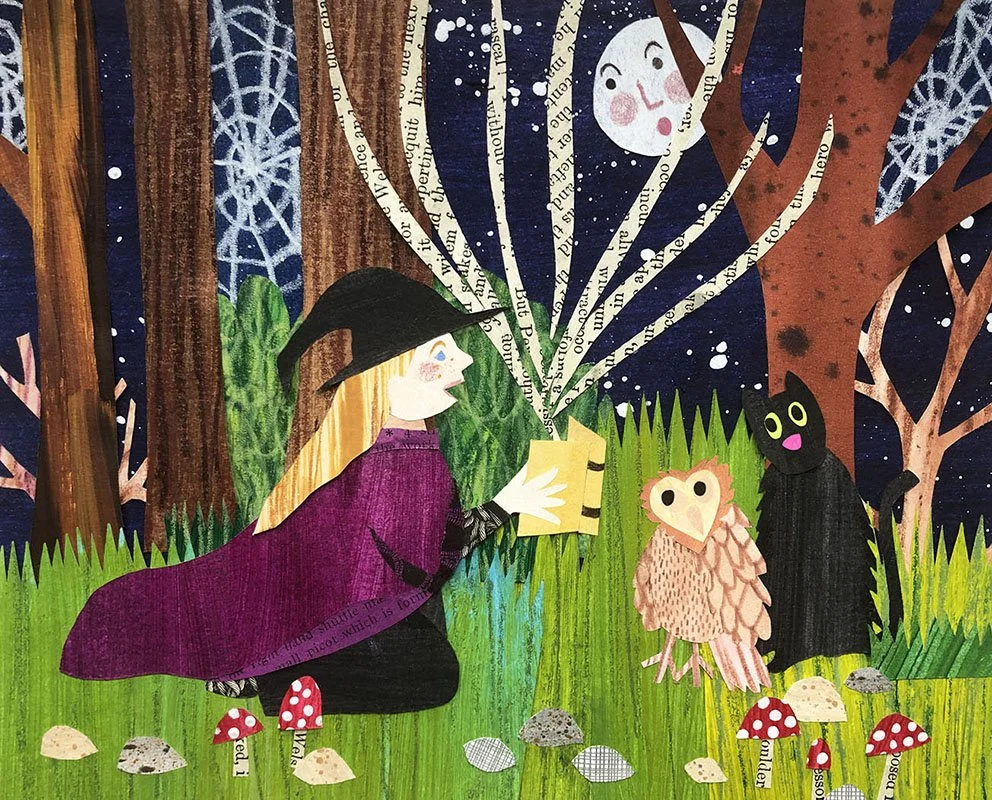 collage children's book illustration witch starts a storm