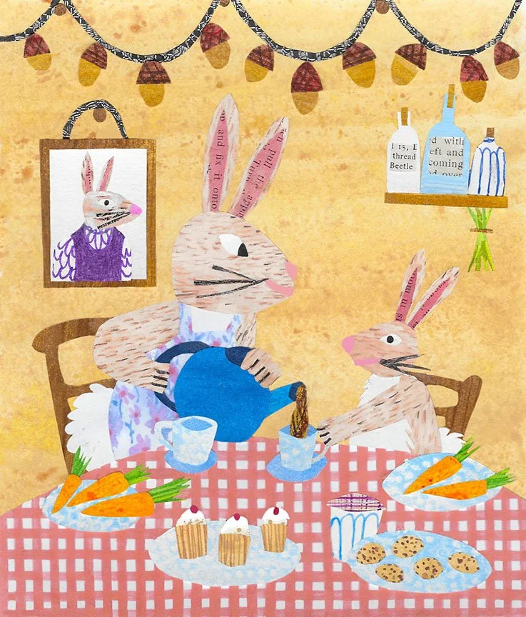 collage children's book illustration Mother rabbit pours tea
