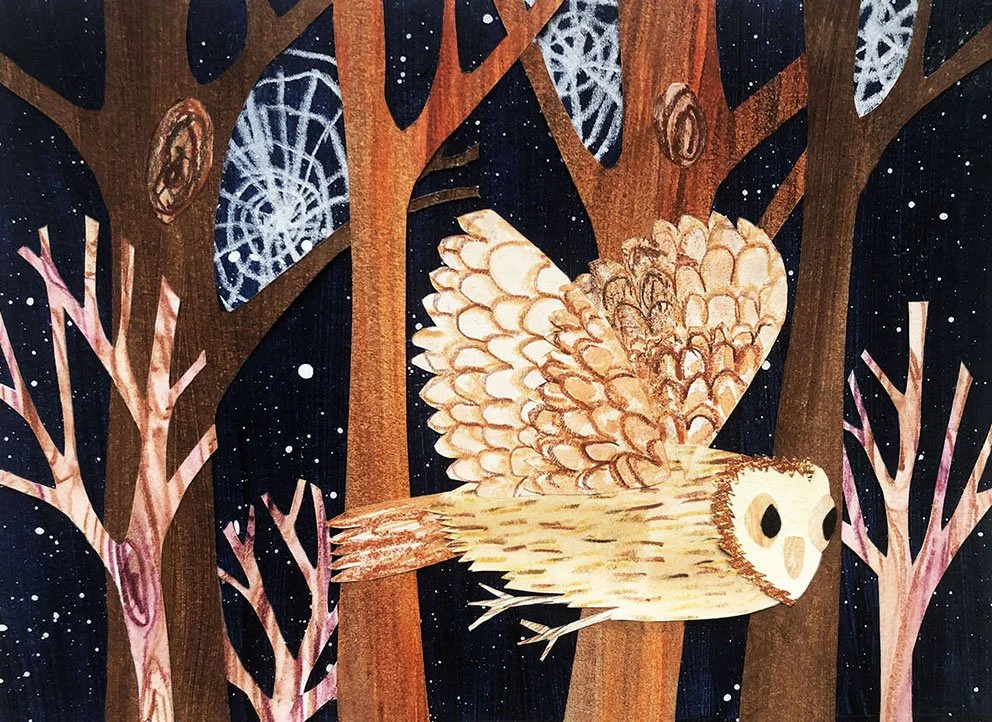 collage children's book illustration flying owl
