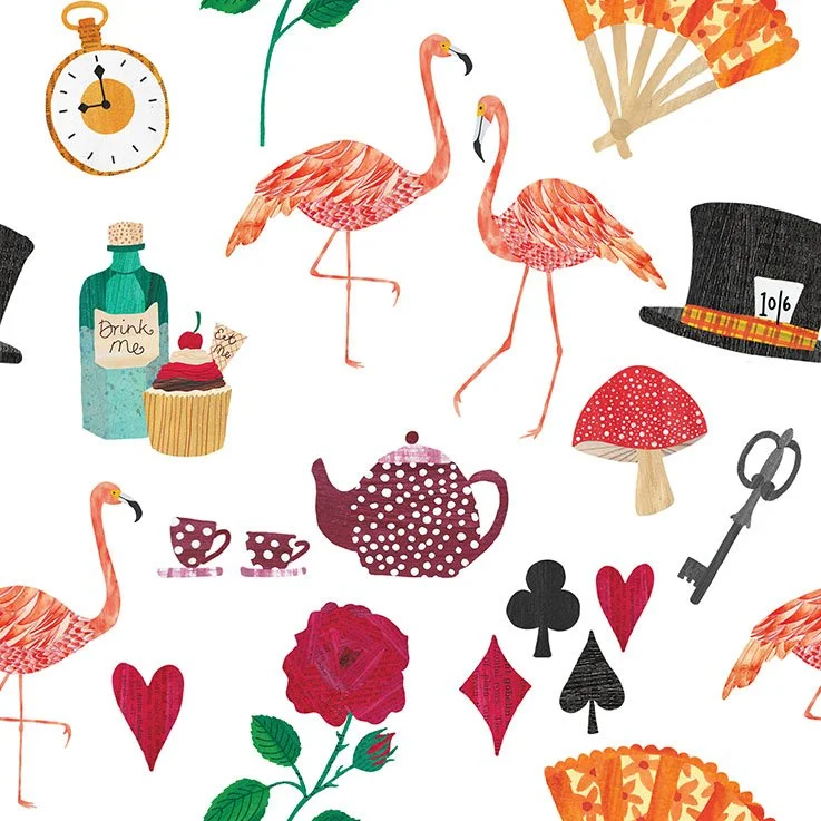 collage children's book illustration Alice in Wonderland endpapers