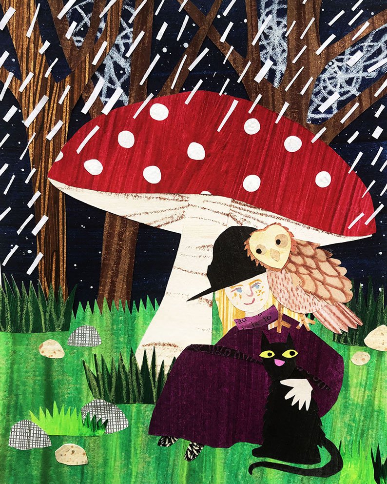 collage children's book illustration witch shelters from the rain