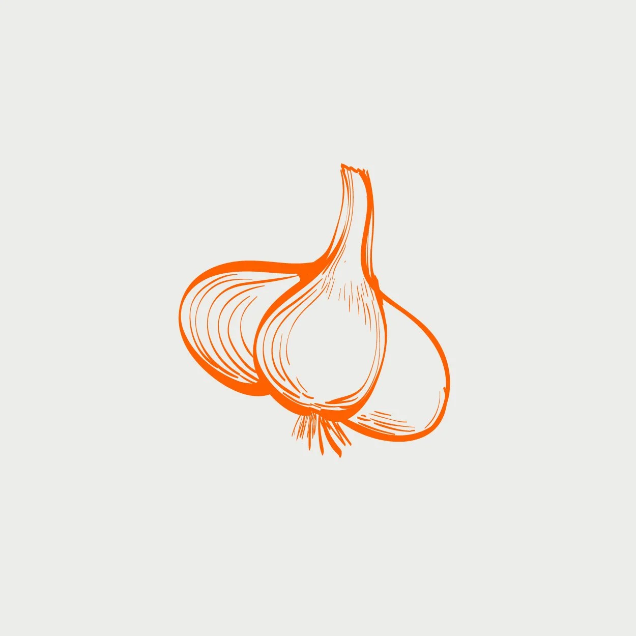 Illustration von drei Knoblauchzehen, skizzenartig in orange auf hellem Hintergrund