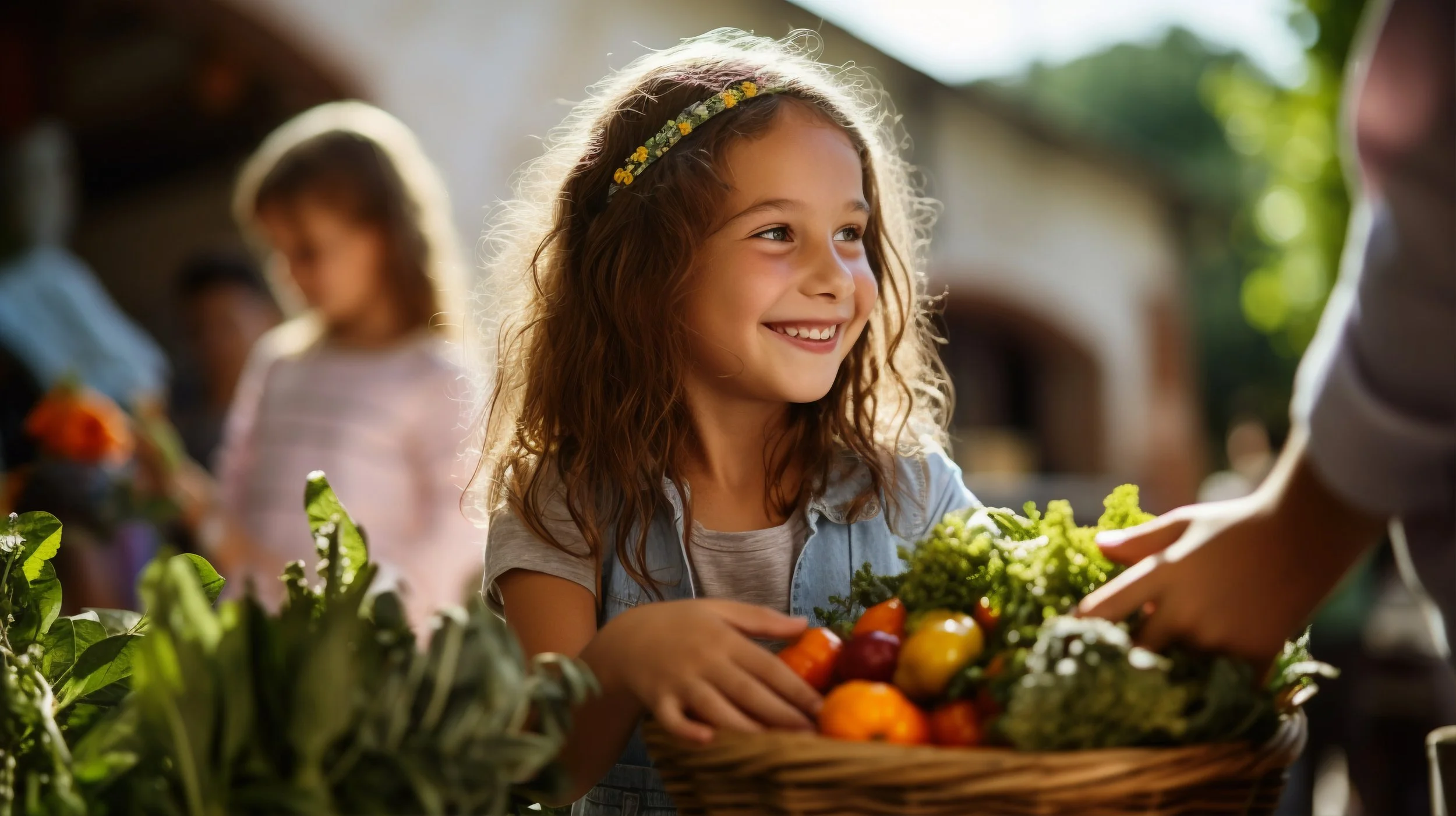Ein lachendes Mädchen mit braunen, lockigen Haaren und Blumenkranz, das Obst auf einem Markt kauft, umgeben von frischem Gemüse und weiteren Menschen im Hintergrund.