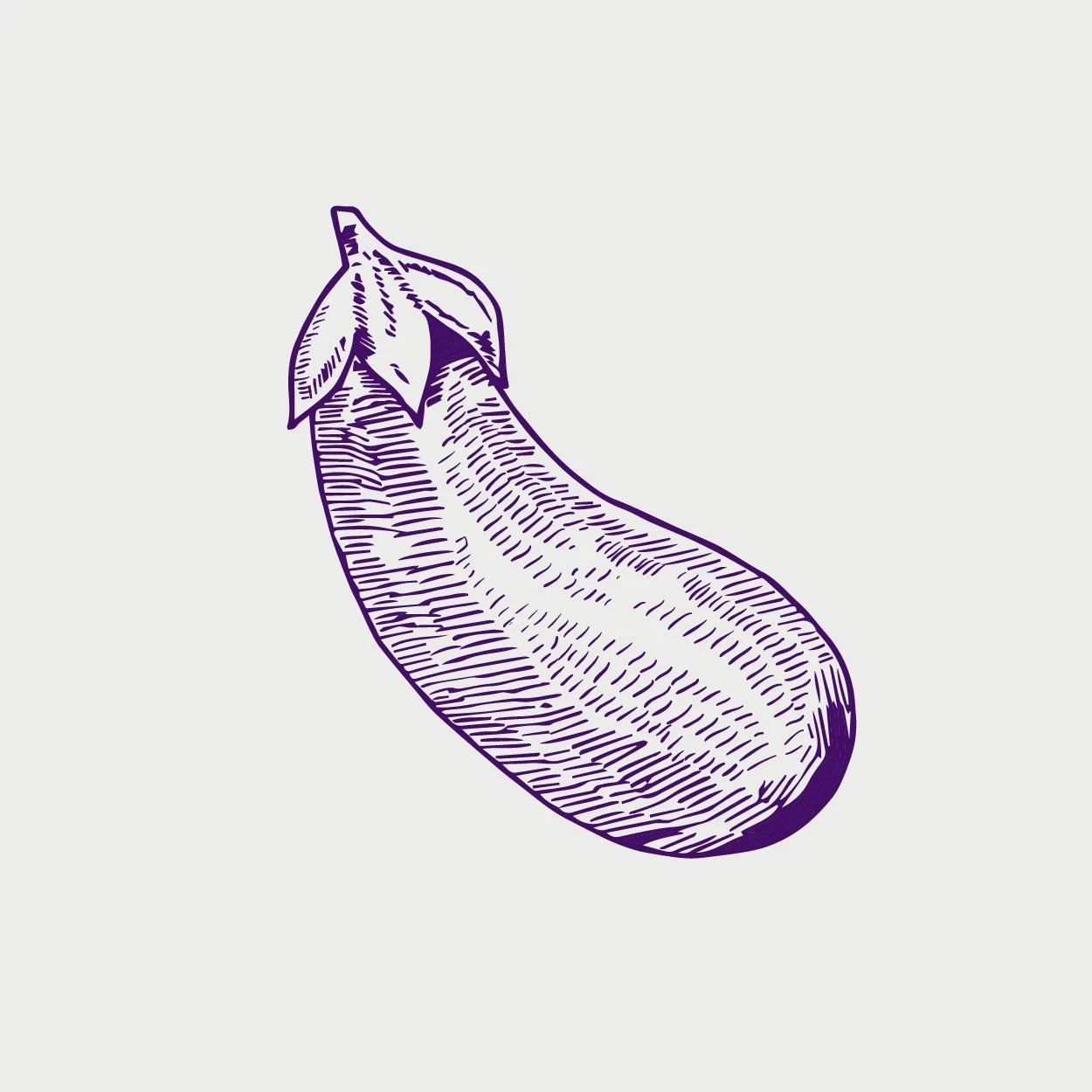 Illustration einer Aubergine in einer stilisierten Linienzeichnung auf hellem Hintergrund.