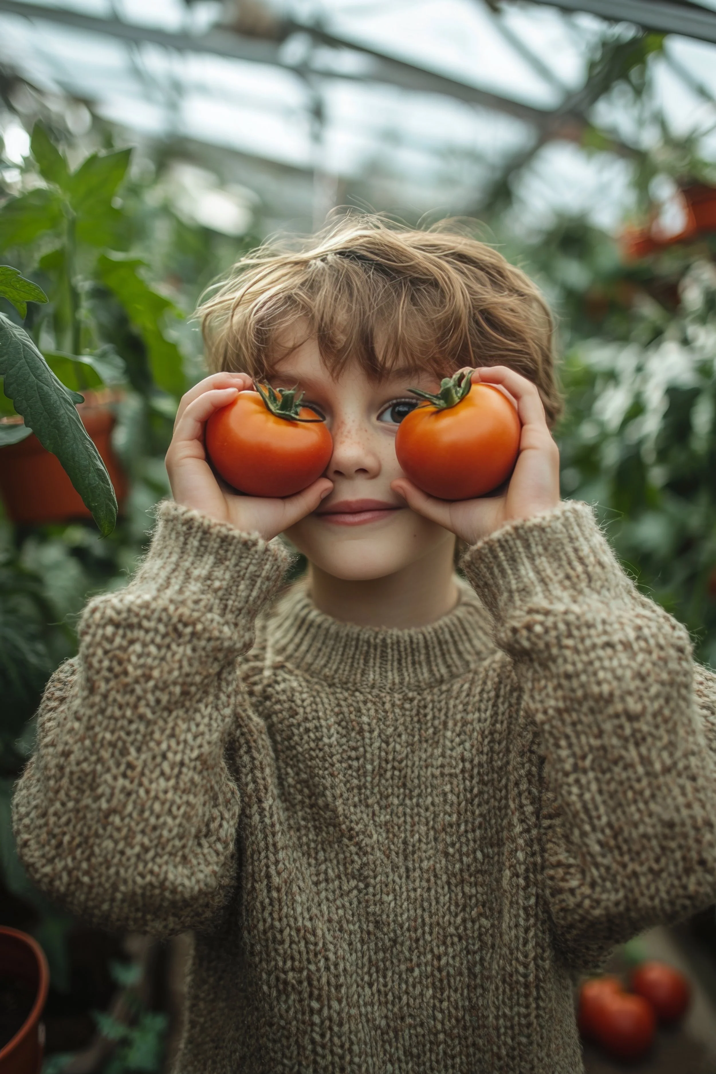 Ein Junge im Gewächshaus hält Tomaten vor die Augen und schaut durch die Frucht. Im Hintergrund sind weitere Tomatenpflanzen und Blumentöpfe sichtbar.