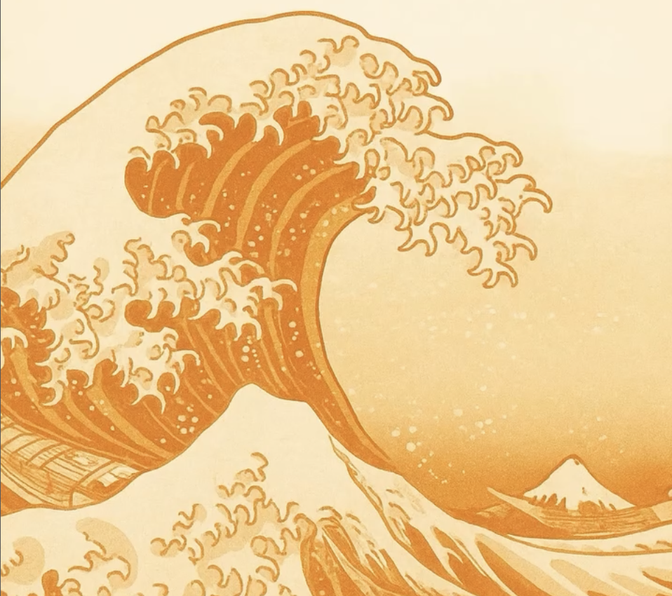 A stylized artwork of a large ocean wave curling over, with a mountain in the background.