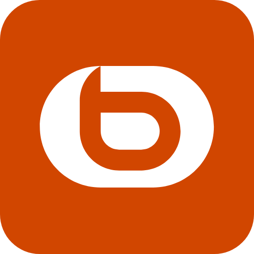 Logo blanc avec un symbole 'b' stylisé sur fond orange. Le logo appartient à une marque ou plateforme de contenu.