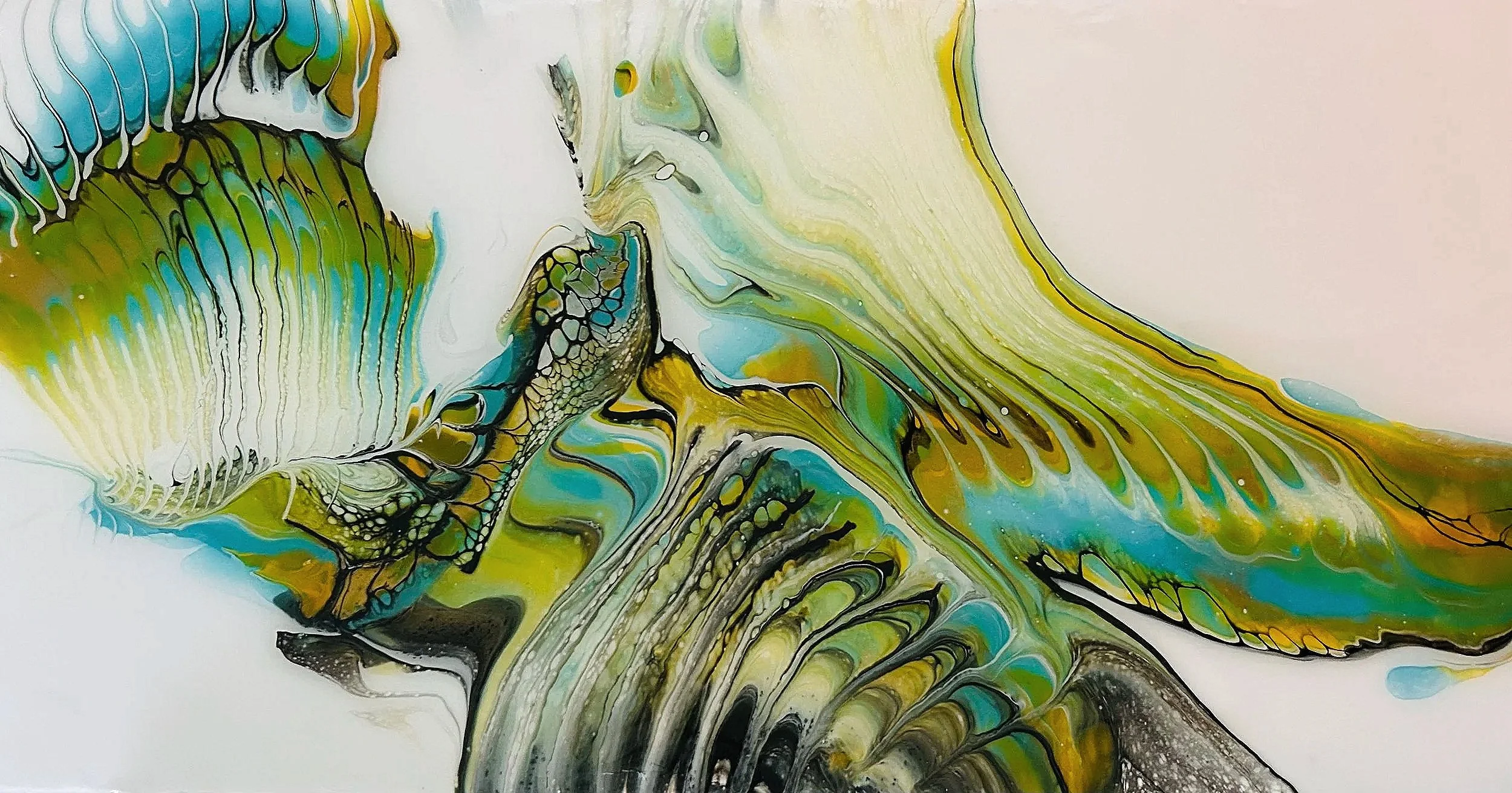 Abstract painting with flowing lines and vibrant colors of green, yellow, blue, black, and white, creating a dynamic organic pattern.