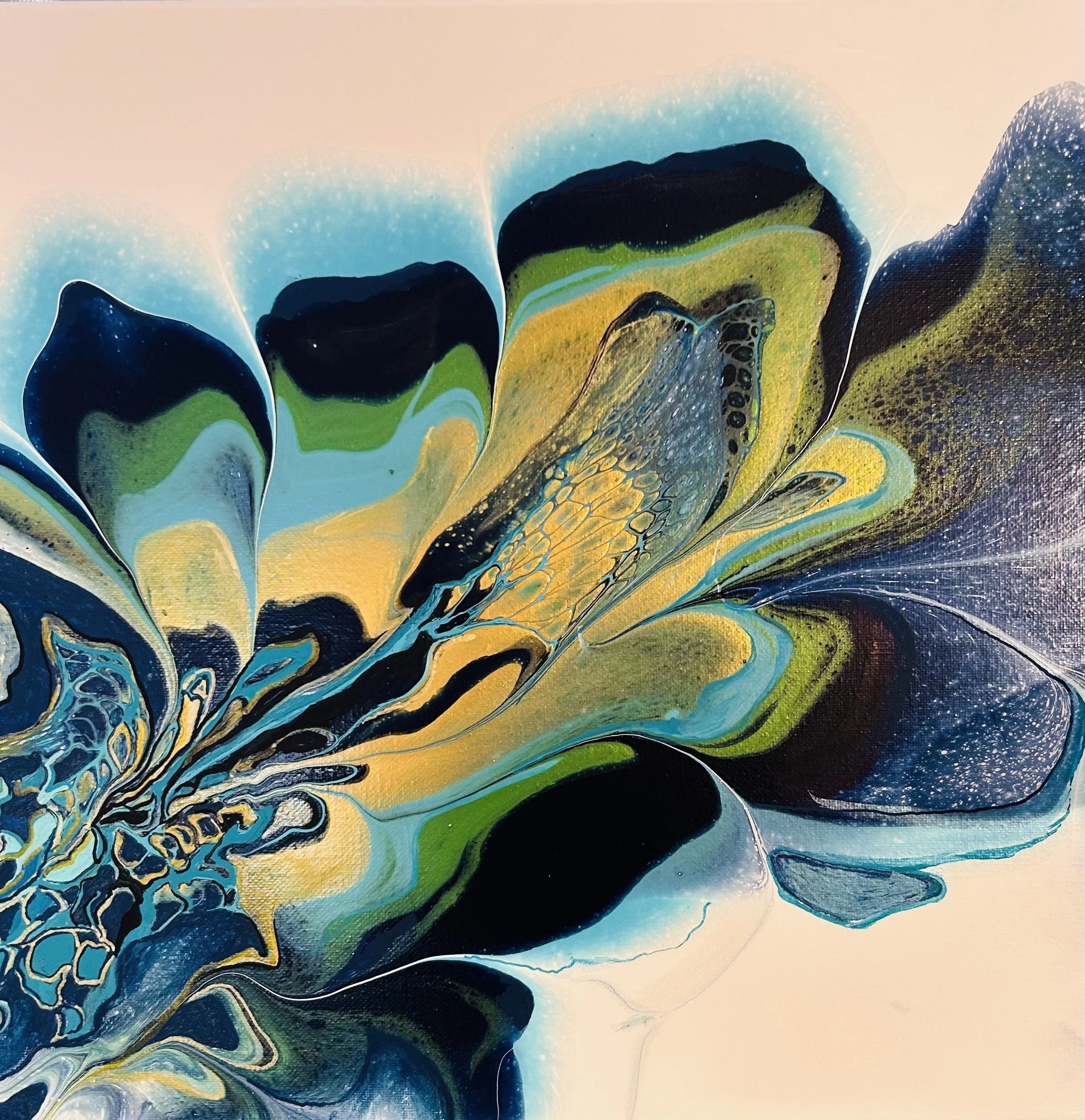 The Royals, 1 or 2 piece, Abstract painting with swirling patterns in black, blue, green, yellow, and hints of orange, resembling a flower or a natural motif.