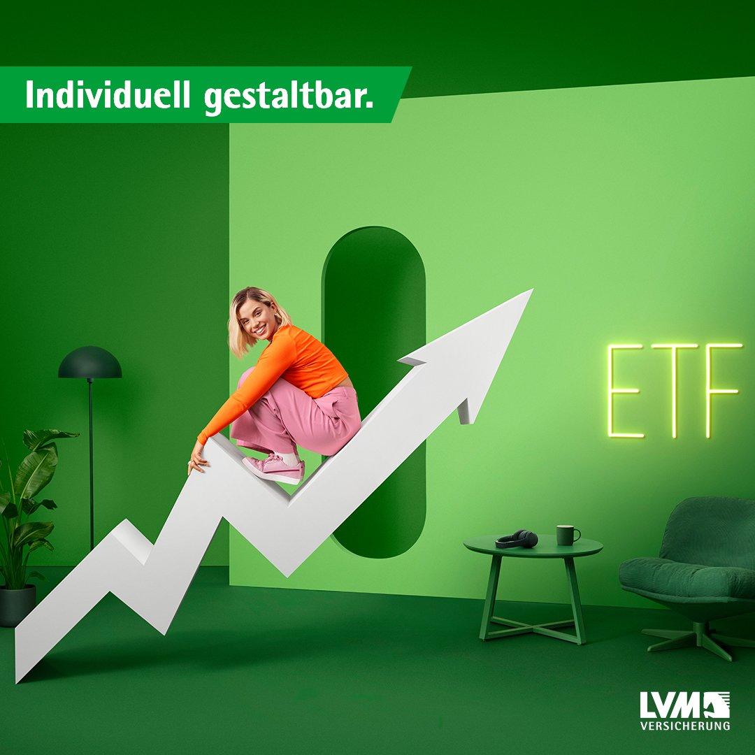 A woman with blonde hair, smiling, wearing an orange shirt and pink pants, sitting on a large white upward arrow in a green room with a neon sign that reads ETF, a small table with a coffee cup and phone, a couch, a lamp, and a potted plant.