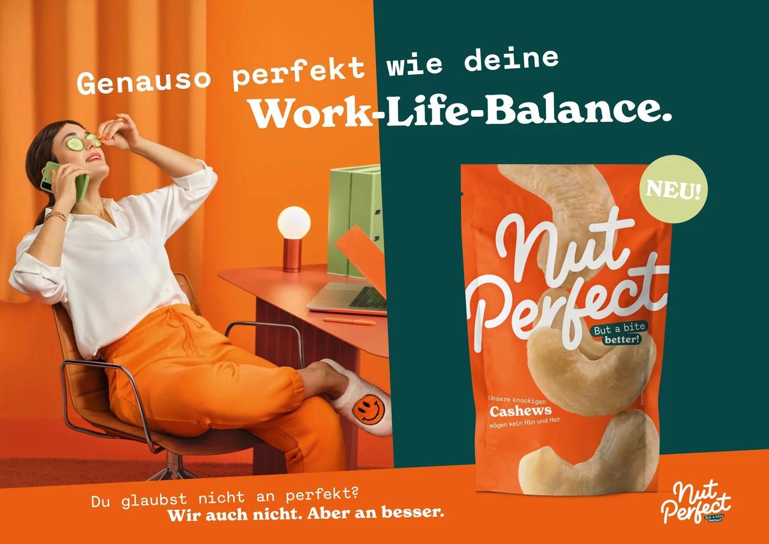 A woman sitting in an orange office chair, relaxing with her feet up on the desk, wearing white shirt and orange pants, holding a phone to her ear and wearing cucumber slices over her eyes. There is a laptop and a lamp on her desk, with an orange car