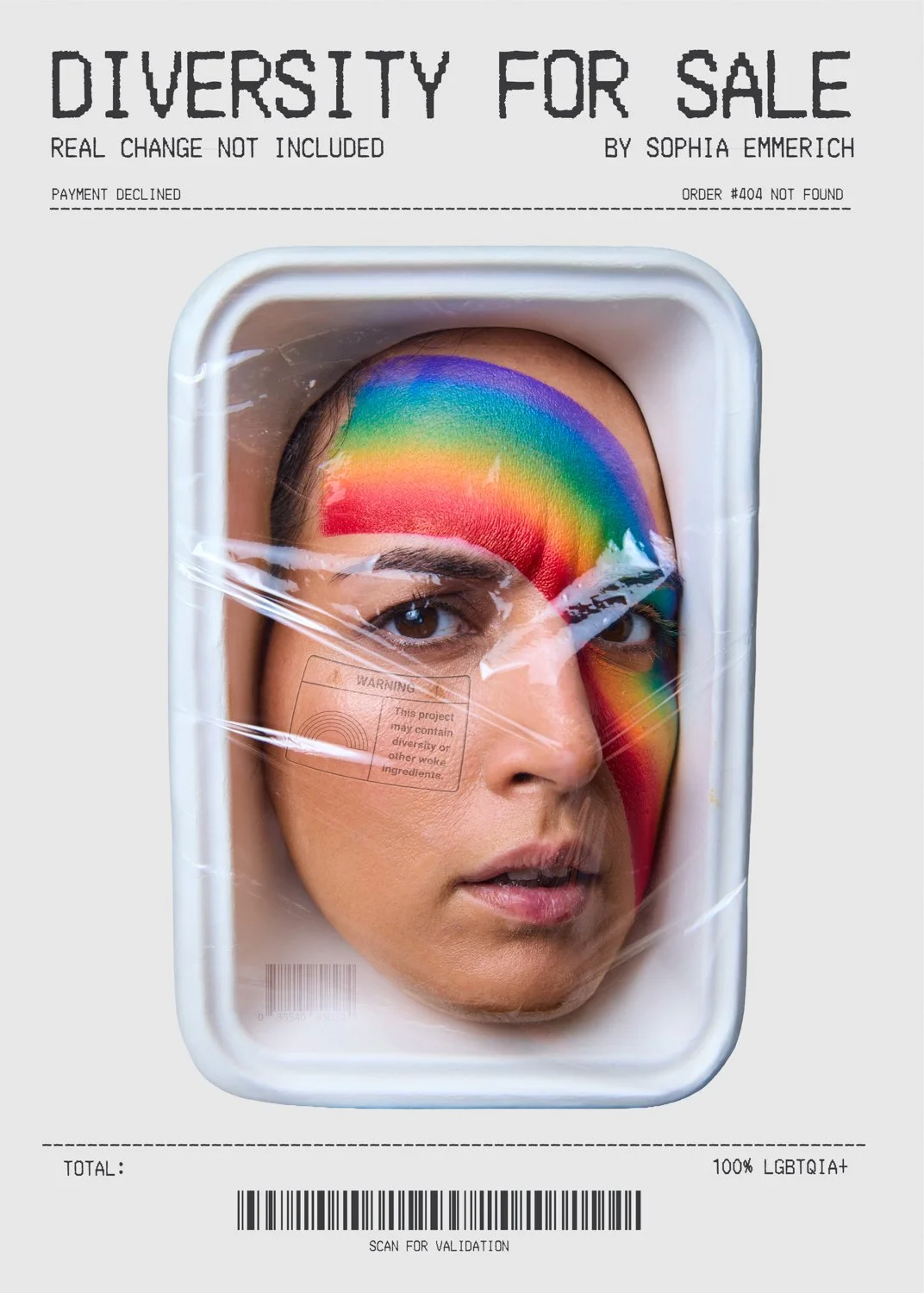 A package resembling a frozen food container with a woman's face and rainbow makeup designed to look like a food item.