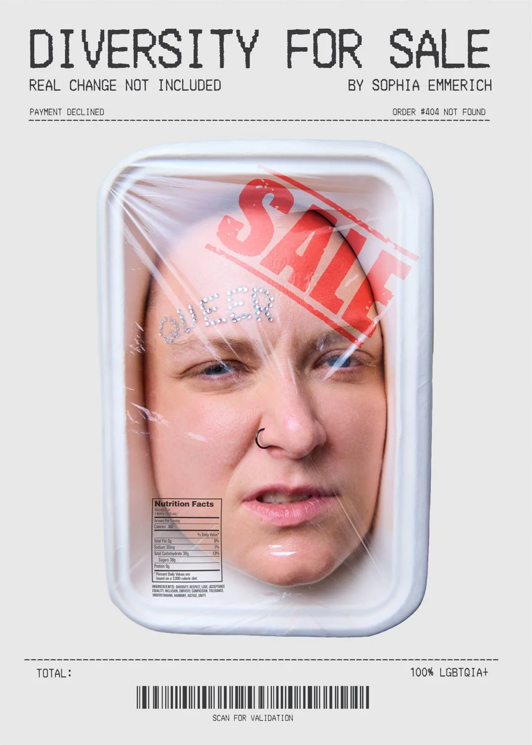 A woman with blonde hair and a nose ring is illustrated inside a styrofoam food container, with a red 'SALE' stamp and a sticker reading 'QUEER' on her forehead, over a truck-style sale ad background.