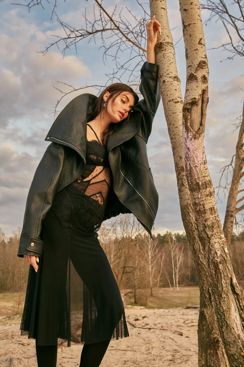 A woman wearing a black leather jacket and black sheer fashionable clothing stands outdoors near a leafless tree during sunset, with a cloudy sky in the background.