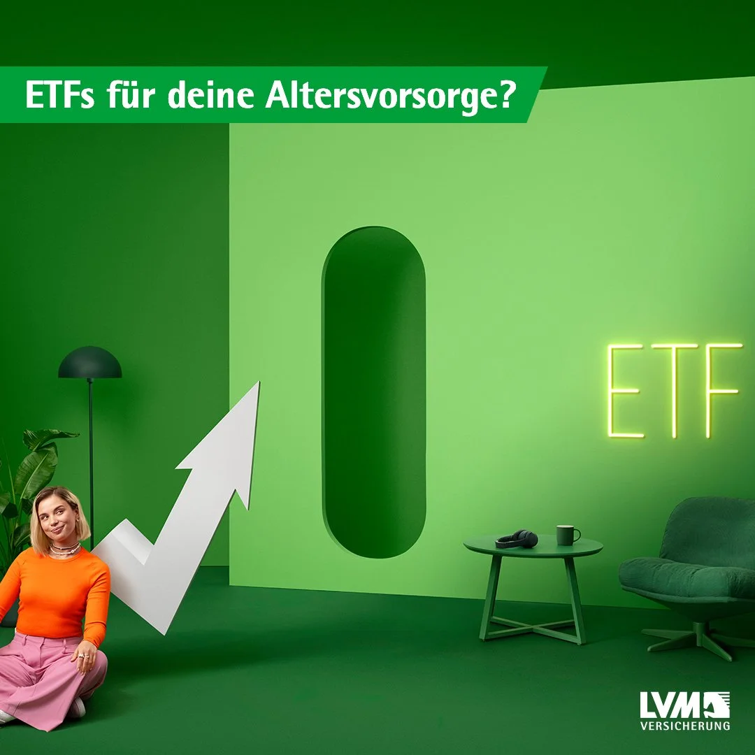 Green interior with neon sign 'ETF' and white arrow graphic pointing upward, and a woman sitting on the floor in orange sweater and pink pants. The wall has German text 'ETFs für deine Altersvorsorge?' and the logo 'LVM Versicherung' in the bottom ri