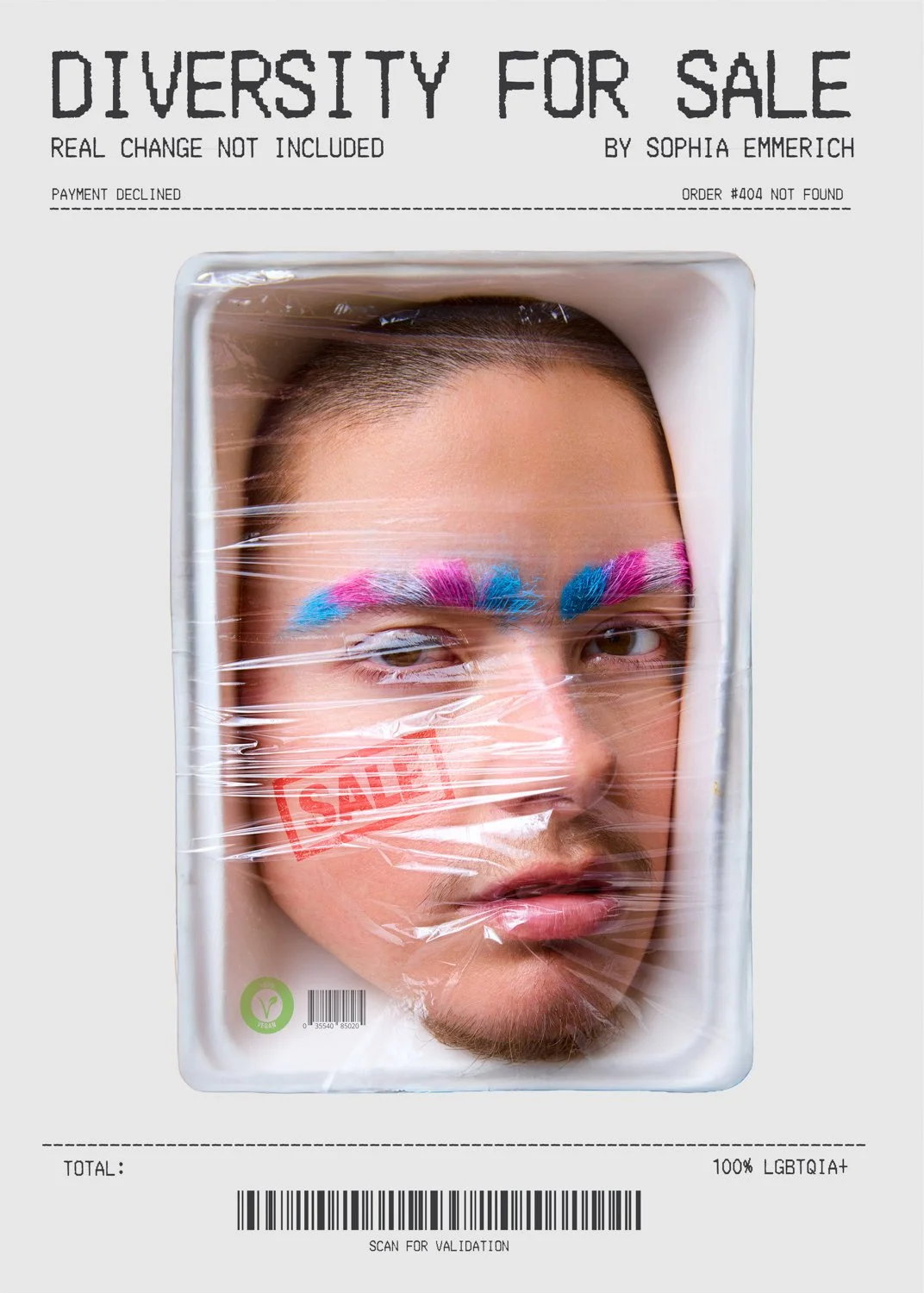 A person with bright blue and pink eyebrows looks through clear plastic wrap on a package labeled "DIVERSITY FOR SALE" with a red "SALE" stamp across their cheek, inside a white box that resembles a packaging label.