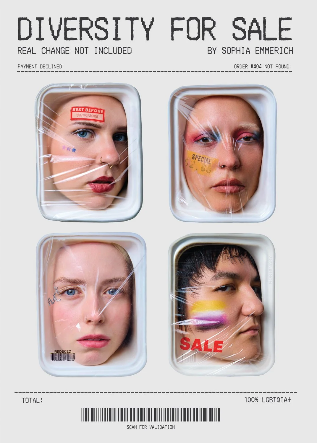 A magazine cover titled "Diversity for Sale" featuring four portraits of people with diverse appearances, each inside a plastic container like a food tray. The portraits have stickers, labels, and makeup, with some labels reading "Best Before" and "S