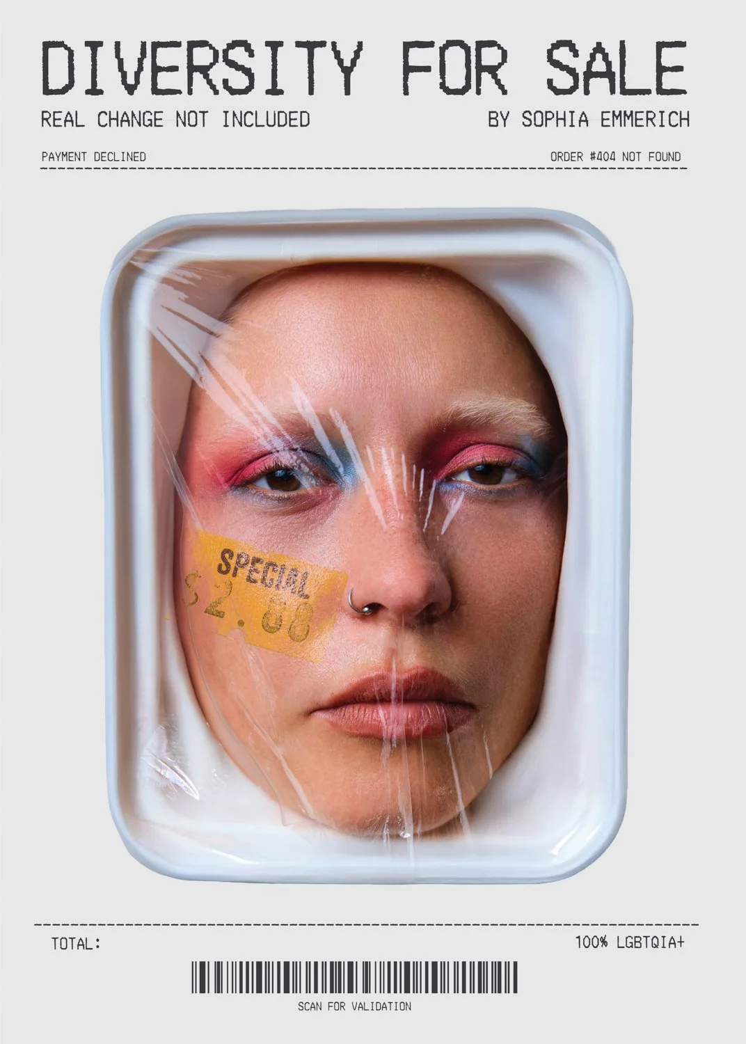 A person with makeup looking through plastic wrap, with a sticker labeled 'SPECIAL' on their cheek and a barcode below.