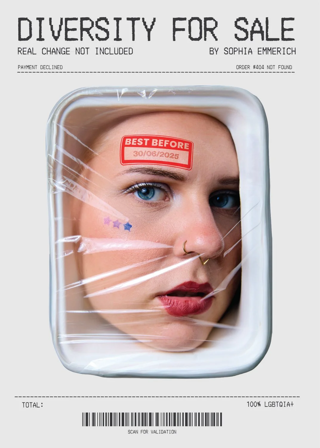 A woman with blue eyes and red lipstick looks through clear plastic wrap on a container of yogurt or similar product. The container has a red label that says "Best Before 30/06/2025." The background is plain and light-colored, with black text at the 