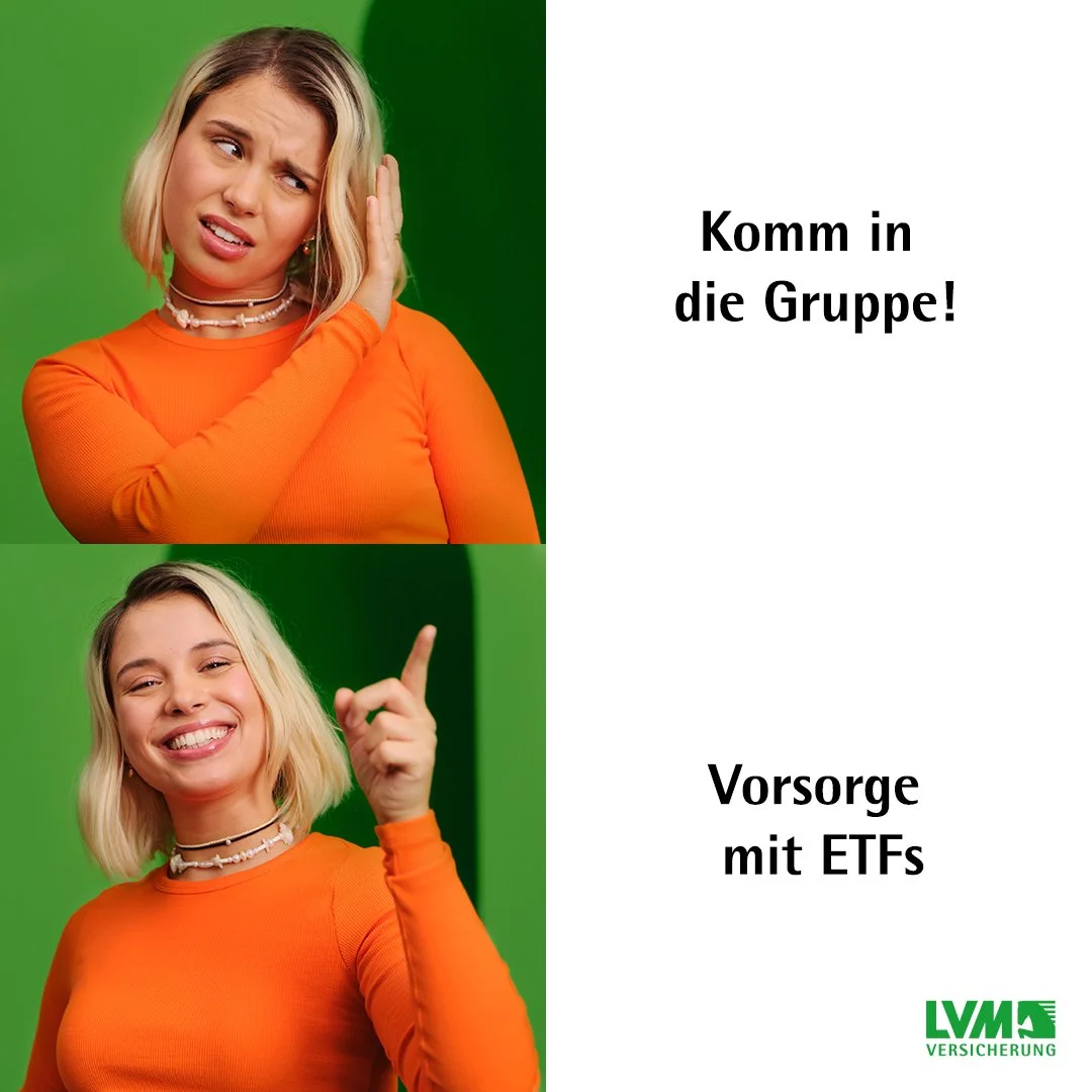 A two-panel image featuring a woman in an orange shirt against a green background. The top panel shows her with a confused expression, holding her head, and the bottom panel shows her smiling and pointing upward. The right side contains German text: 