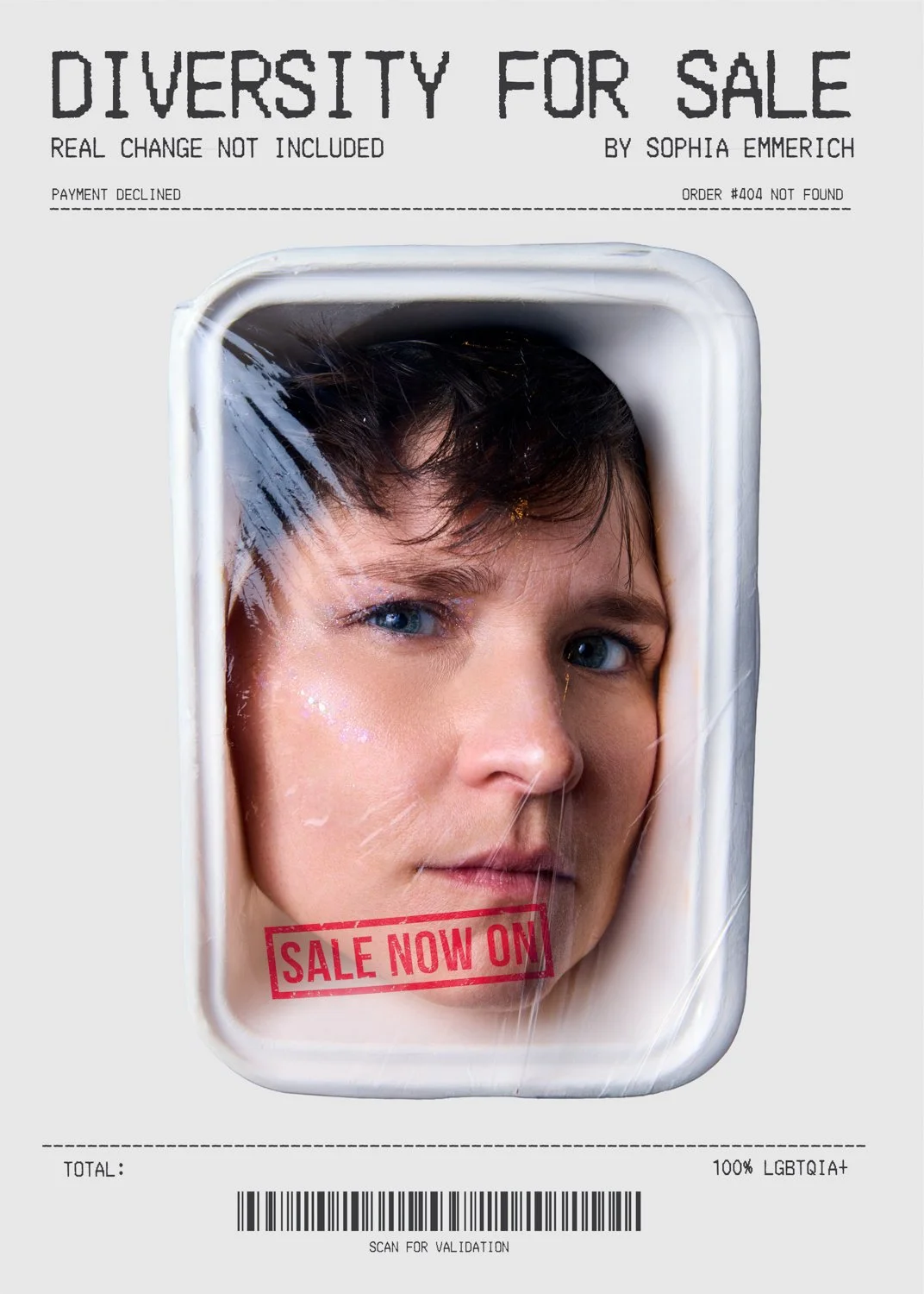 A person looking out from inside a white refrigerator with a red stamp that reads 'SALE NOW ON'. The image appears to be an artistic or promotional advertisement for diversity.