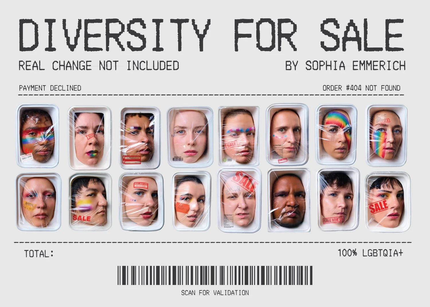 A collage of diverse people's faces behind a plastic covering, with all of them having facial expressions ranging from serious to curious, with various colorful accessories and markings, over a background styled like a sale or retail display.