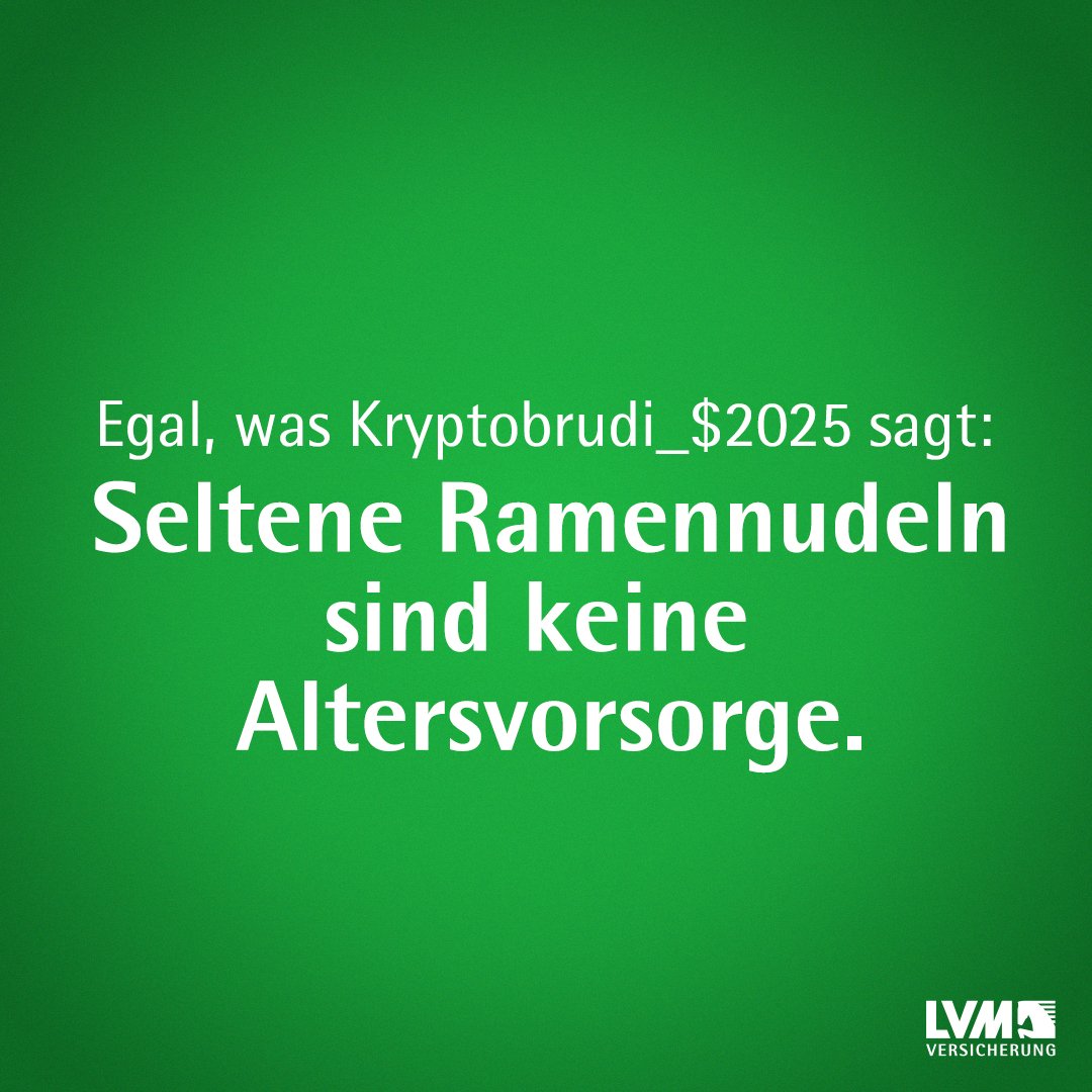 Green background with white German text about cryptocurrency. The logo of LVM Versicherung is at the bottom right corner.