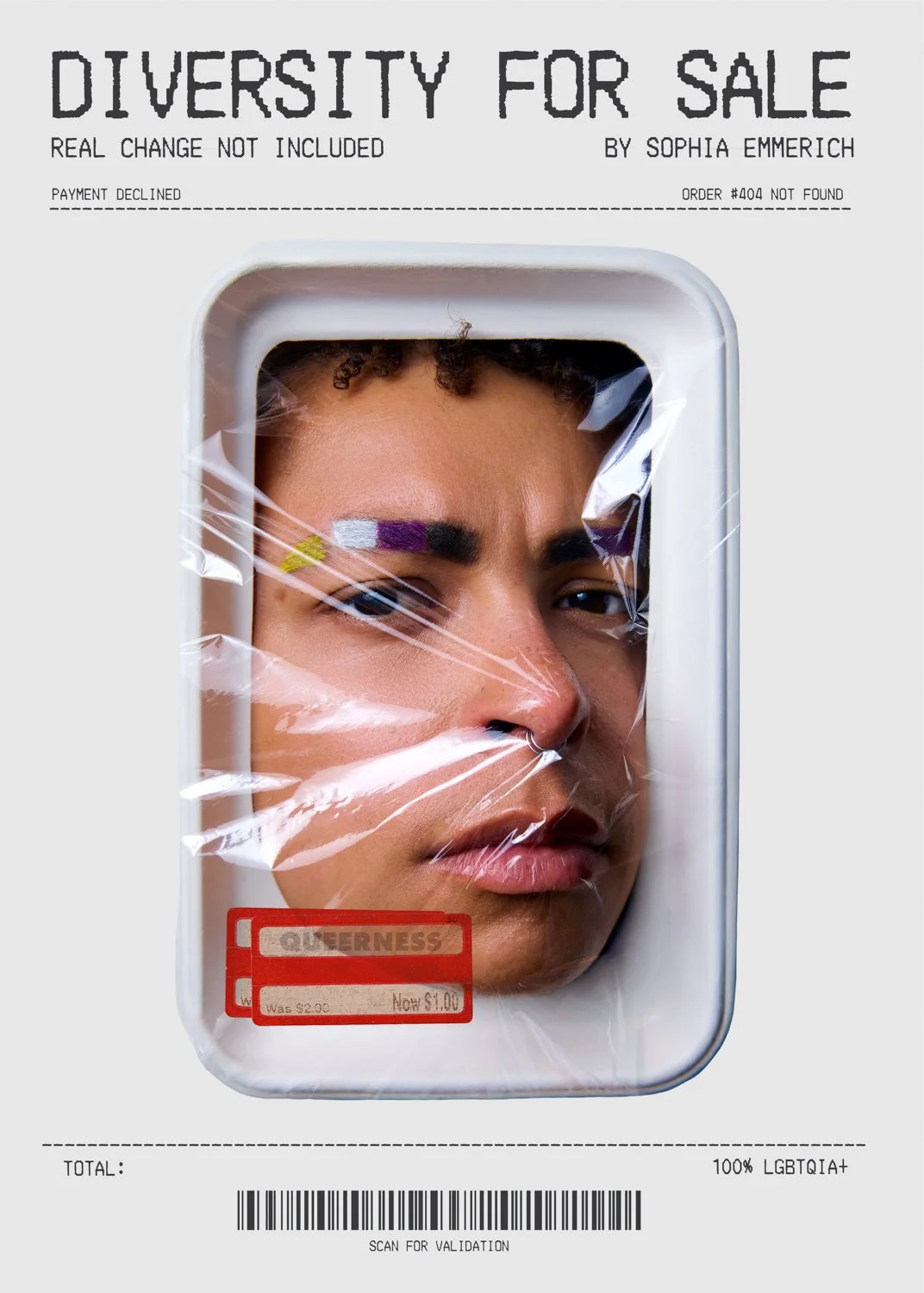 A promotion for diversity featuring a woman with a makeup brush face filter, looking through plastic wrap on a retail display. The display mimics a packaging label with a red clearance sticker and barcode, and the text 'DIVERSITY FOR SALE' at the top