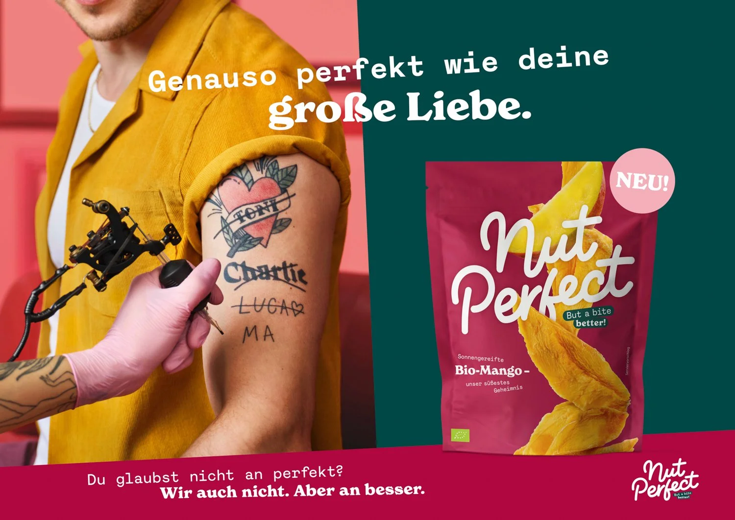 A person with a tattoo of a heart and the words 'Quote Charlotte Lucas' on their upper arm has their arm tattooed by a tattoo artist wearing pink gloves. The person is dressed in a yellow shirt, and there is a pink background with a green banner feat