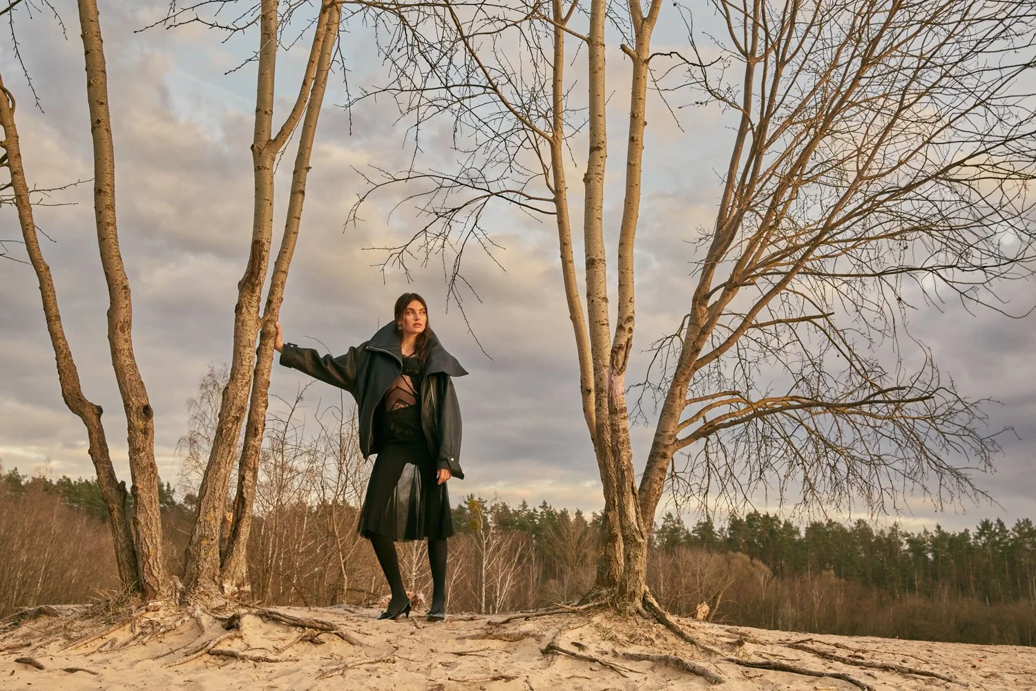 A woman in black leather jacket, lace top, and black skirt stands outdoors among leafless trees against a cloudy sky at sunset or sunrise.