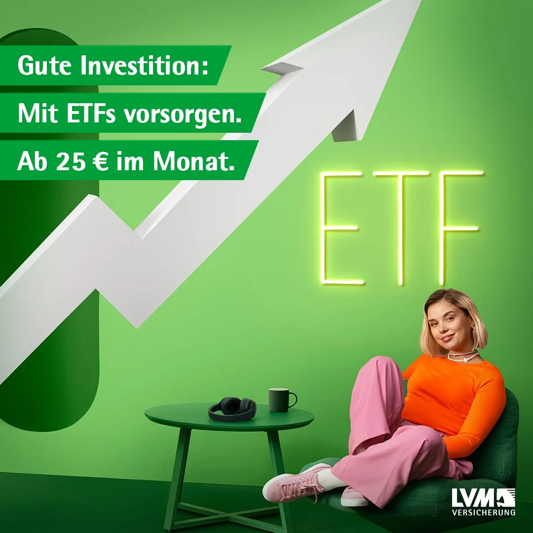 A promotional image for ETFs by LVV Versicherung with a bright green background. It features a young woman in an orange top and pink pants sitting on a green chair. There is a small green table with headphones and a green mug, with a neon sign displa