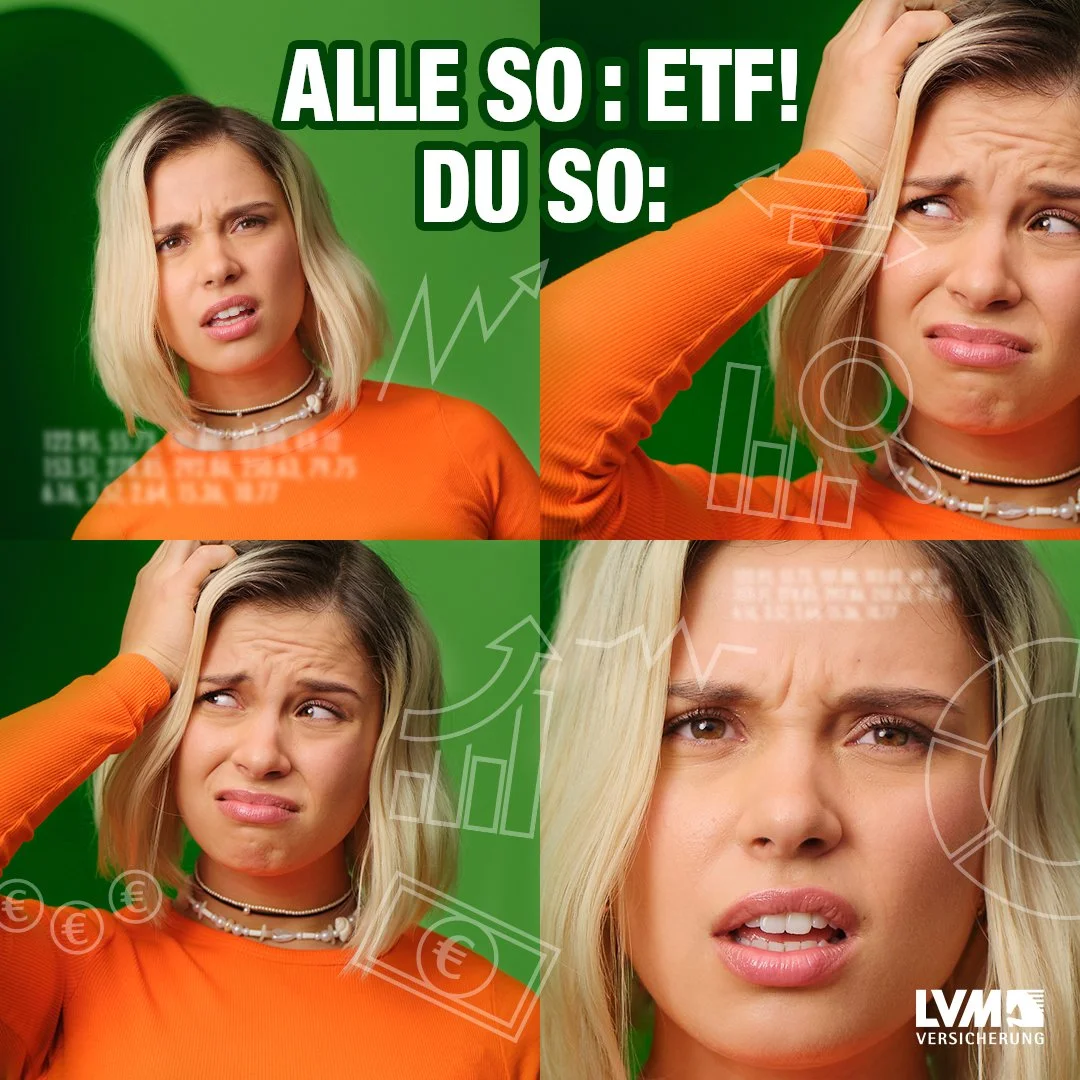 A four-panel collage of a young woman with blonde hair expressing confusion and frustration, with financial and stock market graphics overlaid, and the text 'ALLE SO: ETF! DU SO:' at the top, with a logo reading 'LVM VERSICHERUNG' at the bottom right