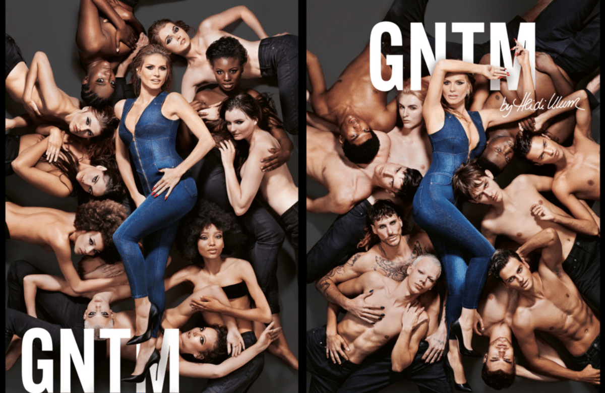 Magazine cover featuring a woman in a blue jumpsuit surrounded by diverse shirtless men and women lying on the floor, with the title 'GNTM' and the author's name, Heidi Ullum.