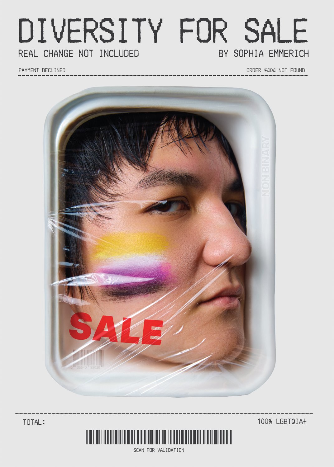 A parody of a sale flyer featuring a close-up of a person's face with colorful face paint, looking through a plastic container. The flyer has the title "DIVERSITY FOR SALE" and the subtitle "REAL CHANGE NOT INCLUDED," with the word "SALE" in bold red