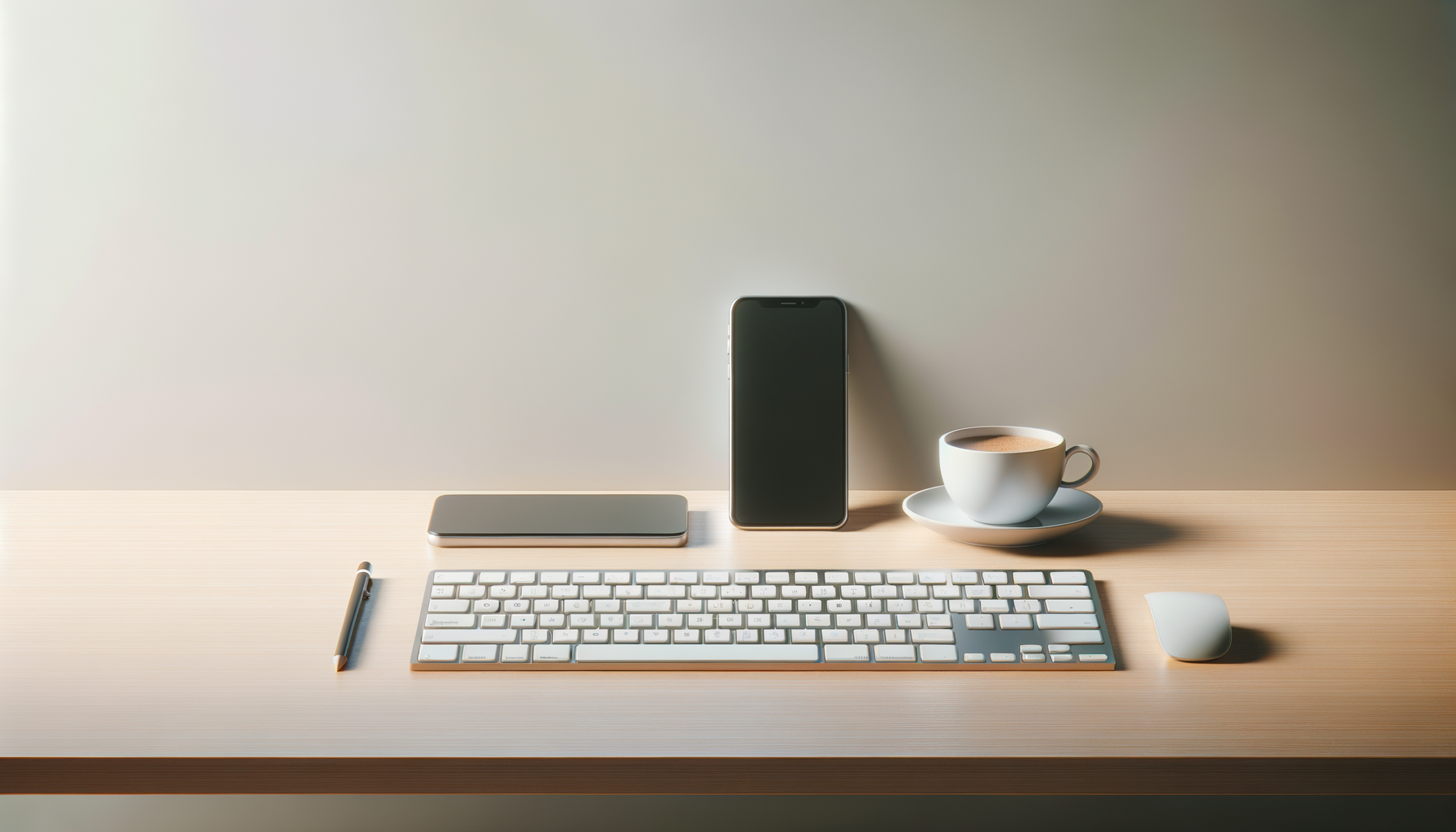 A neatly arranged workspace with a wireless keyboard, mouse, pen, smartphone, closed notebook, and a cup of coffee on a wooden desk against a plain wall.