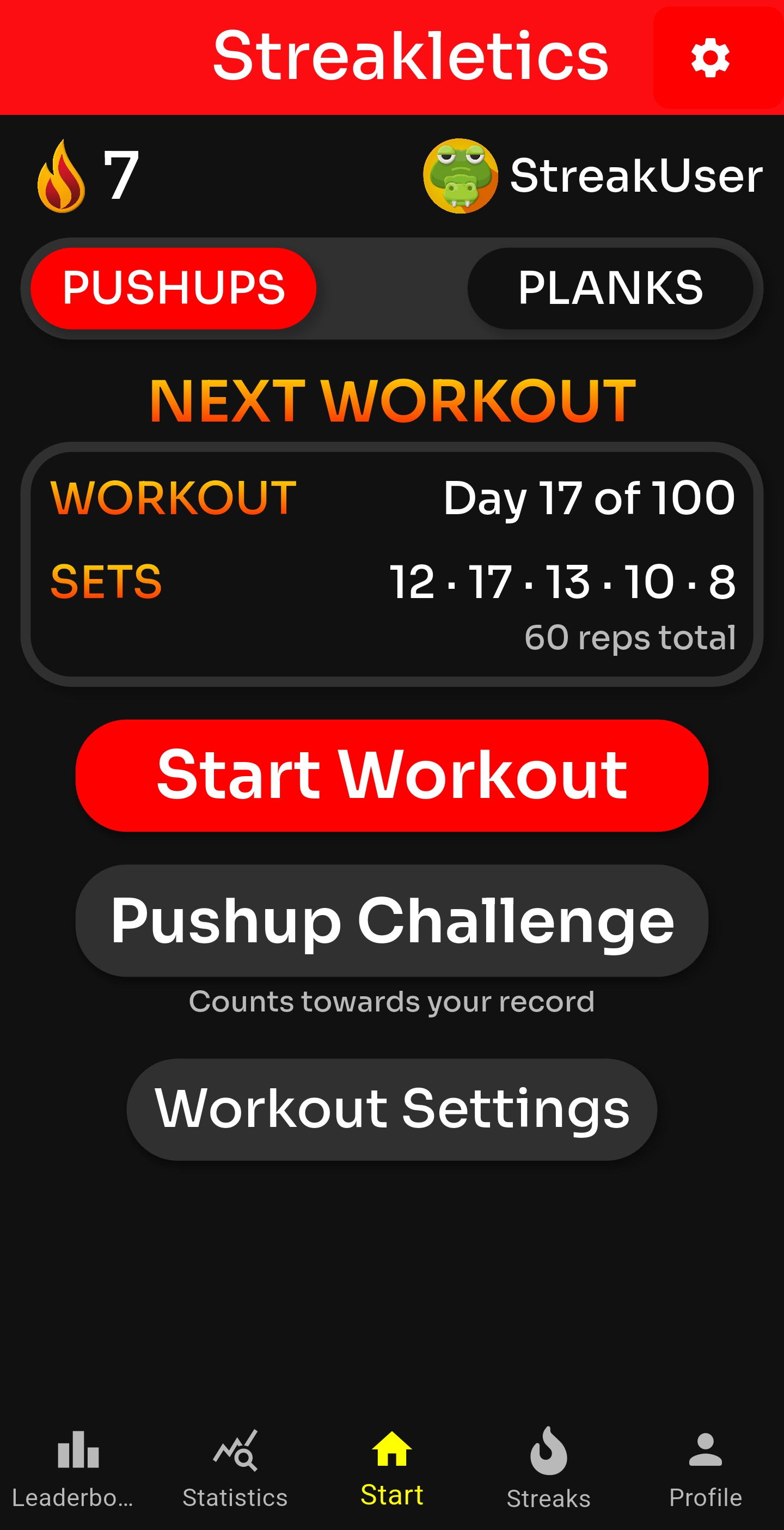 Screenshots of a workout tracking app called Streakletics showing it is day 17 of 100, with options to start workout, view pushup challenge, or access workout settings.
