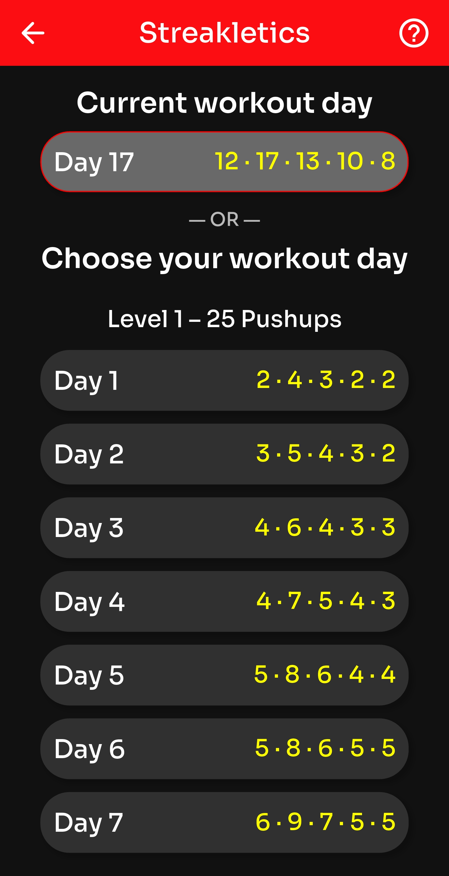Screenshots of a workout tracking app called Streakletics showing the current workout day as day 17 with a list of daily workout routines, or options to choose a workout day with specific pushup routines for each day.