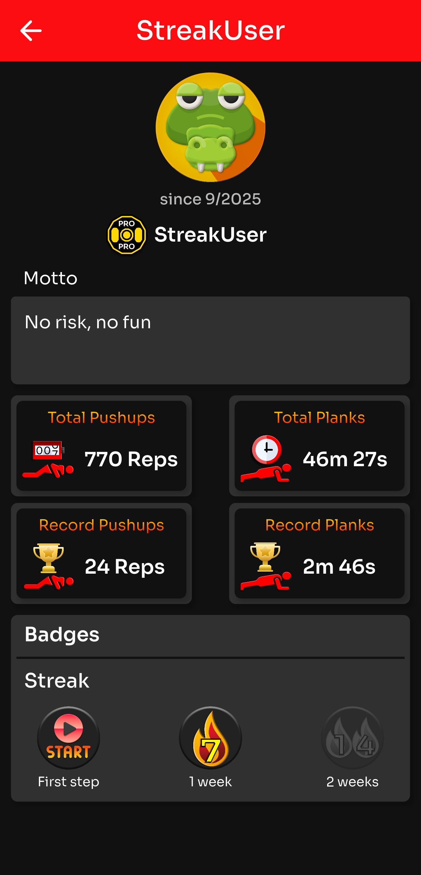 Screenshot of a fitness app profile page showing a crocodile cartoon avatar, with statistics of 770 pushups, 46 minutes and 27 seconds plank time, 24 record pushups, and 2 minutes 46 seconds record plank time. The app displays badges, streaks for first step, one week, and two weeks. The user’s motto is 'No risk, no fun.'