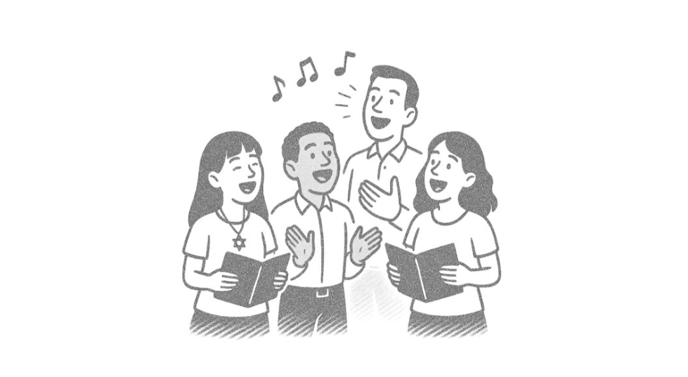 Cartoonof Kol Shira Music Makers singing at a service.